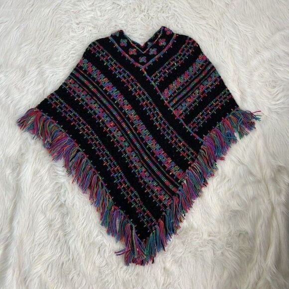 Crocheted Handmade Boho Black Rainbow Loose Knit Fringe Shawl Poncho Sweater OS - Picture 12 of 12
